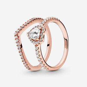 100% 925 Sterling Silver Lanfful Love Elevou Wishbone Ring Set for Women Wedding Wedding Jewelry Acessórios