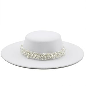 French Socialite Style Pearl Chain White Flat Top Fedora Hats for Women Autumn Spring Big Brim Boater Top Hat for Party Wedding