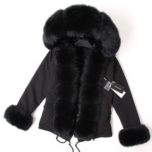 Maomaokong Black Fox Fur Collar Winter Coat Women Jacket Natural Fur Bunny Lined Jacket Coats