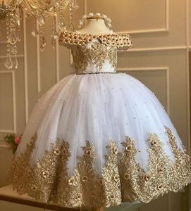 Cine Princess Flower Girls Dreaves Off Will Tulle Gold Lace Appliques Pearls Flowers Lunghezza Birthday Girl Girls Gowns 403