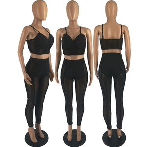 Women Tracksuits Summer Sheer Two Piece Set Sleeveless Tank Top+Mesh pants Casual Matching Set See Through Night Club Wear Bulk 7213