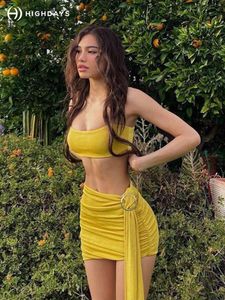 Etekler Highdays 2022 Yaz Sarı Kadınlar Askı Üstü Etek Takımlı Spagetti Kayışları Sling Slim Fit Kalça Mini Elbise Kadınlar İçin