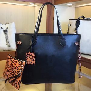 Mode shopper tote bag kvinnor handväska handväska präglade brev äkta läder leopard tryckta axelväskor flätat handtag detchable ficka