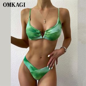 Omkagi badkläder kvinnor baddräkt sexig push up bikinis set simning baddräkt strandkläder lase metall sommar brasiliansk bikini 210319