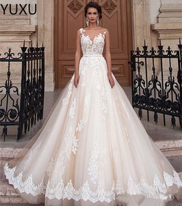 2022 Modest New Lace Appliques Wedding Dresses A line Sheer Bateau Neckline See Through Button Back Bridal Gown detachable wed dress