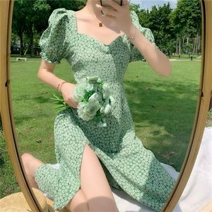 Summer Floral Bohemia Dress Women French Style Chiffon Split Fairy Dress Female Sexy Elegant Beach Boho Korean Dress 220516