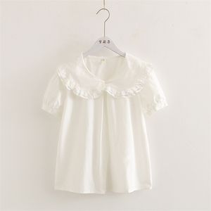 甘いロリータシャツ森森女の子夏の日本語スタイルフレッシュピーターパンカラー半袖白いソリッドコットンブラウストップ210308