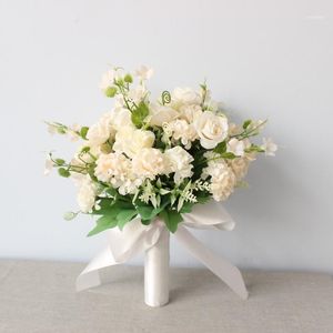 Mini Roses Bouquet With Ribbon Artificial Flowers Bridal Wedding Flower Home Party Travel Ornaments1