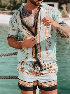Летняя одежда для мужчин. Скорочный костюм 2 куски кардиганская рубашка Женские женские гавайские праздничные уличную одежду Дизайнерские модные блуз