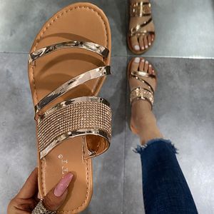 Été or argent en cuir verni sandales à talons plats pour chaussures de mariée strass plage étroite pantoufles décontractées