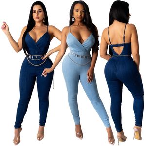 Ankomst ärmlös Slim Jumpsuit Jeans Sexig bodysuit Kvinnor Denim Overaller Rompers byxor tvättade ihåliga jeans Jumpsuit damer 210709