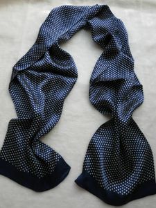 Men's 100% Silk Long Scarf Neckerchief Double Layer Cravat Blue With White Dot