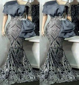 2022 plus size árabe aso ebi cinza sereia brilhante vestidos de baile lantejoulas renda noite festa formal segunda recepção aniversário vestidos de noivado vestido zj220