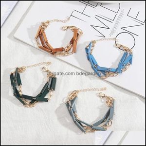 Wholesale link dating for sale - Group buy Charm Bracelets Korean Blue Brown Wooden Metal Chain Sweet Gold Color Three Layer Link Bracelet Fashion Brand Women Jewelry Party Dating Dro