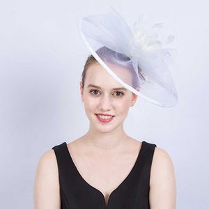 White Over-size Disc Fascinator Elastic High-end Mesh & Feather Floral Fascinator Hats Festival Handmade Sinamay Hair Accessories