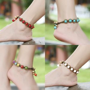 Wholesale braided anklets resale online - Anklets European And American Bohemian Jewelry Semi precious Stone Braided Thai Wax Rope Hand woven Characteristic Anklet D3