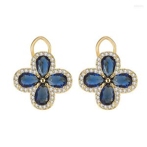 Stud Vintage Royal Clover Blue Crystal Sapphire Gemstones Diamonds Earrings For Women Gold Color Jewelry Bijoux Party Accessorie Dale22