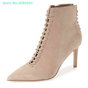 Wildleder-Beige-Schnürstiefeletten mit spitzer Zehenpartie, über Kreuz gebunden, dünne High Heels, seitlicher Reißverschluss, solide Frühlings-Autume-Partykleid-Kurzstiefel 220514