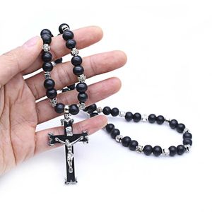 Cross Juses Pendant Prayer Rosary Beaded Necklaces Wooden Beades Chain Necklace For Men Christian Jewelry