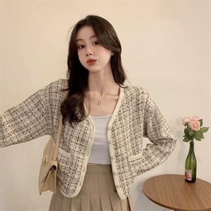 Women's Jackets 2022 Spring Korean Chic Vintage Plaid Cropped Coat Women V-neck Single Breasted Long Sleeve Jacket Elegant OL Casual Outwear