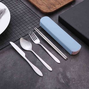 4Pcs Set of Chopsticks Spoons Portable Stainless Steel Tableware Chopsticks Spoon Fork Steak Knife with Storage Case Y220530