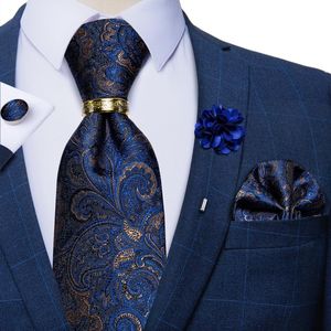 Fliegen Luxus Blau Gold Paisley Seide Für Männer Business Hochzeit Krawatte Set Mit Ring Brosche Pin Männer der Manschettenknöpfe Tasche SquareBow