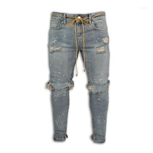 Herren Jeans Mode Knöchel Reißverschluss Skinny Stretch Destroyed Ripped Paint Point Design1