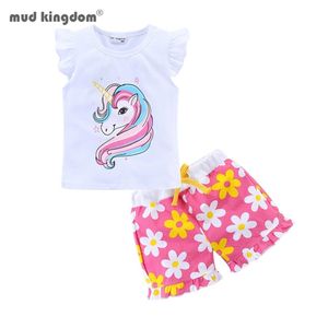 Mudkingdom Flower Summer Holiday Girls Outfits Unicorn Cartoon Mermaid Clothes Set for Floral Short Suit Kids 220419