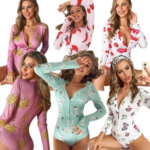 Home European and American women s sexy jumpsuit lips pepper print fashion jumpsuit V neck long sleeve button jumpsuit T200704