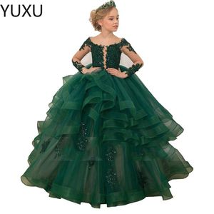 2122 Grüne Blumenmädchenkleider für Hochzeit, Spaghetti-Spitze, Blumenapplikationen, abgestufte Röcke, Mädchen-Festzug-Kleid, Kindergeburtstags-Party-Kleider