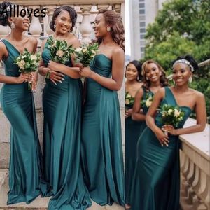 Teal Green One Shoulder Mermaid Bridesmaid Dresses For Black African Girls Satin Simple Sweep Train Maid Of Honor Dress Peplum Wedding Guest Prom Long Dress CL0725