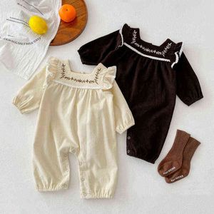 LZH 2022 Bahar Yeni Pamuklu Uzun Kollu Bebek Bebek Romper Bebek Kız İşlemeli Kare Boyun Tuluşma Bebek Giyim 3-24month G220322