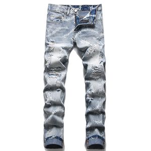 2022 Summer Street Ripped Hole Men's Jeans Fashion Urban Tight Printed Cotton Denim Pants Slim Fit Mid midje Casual byxor