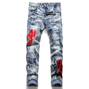 Jeans män rippade smala fit rakt ben hög kvalitet hål jean pant hip hop casual byxor höst vinter