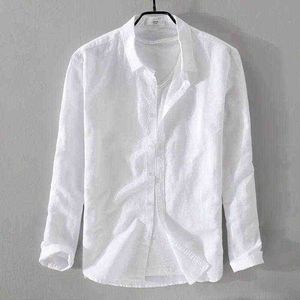 Camisa de linho de linho de manga comprida masculina lapel de lapéu solidária jovens japoneses japoneses respiráveis ​​camisa de linho de algodão Inch Moda moda branca L220704