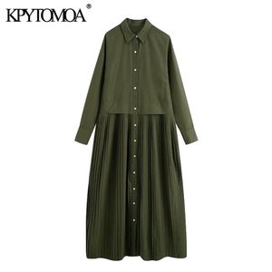 KPYTOMOA Frauen Chic Mode Button-up Plissee Midi Kleid Vintage Langarm Seitenschlitze Weibliche Kleider Vestidos Mujer 210226