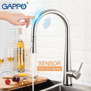 Gappo Sensor Kitchen Faucets Smart Touch induktiva känsliga kranar Mixer Vatten kran Enkel handtag Pull ut kökskranar T200424