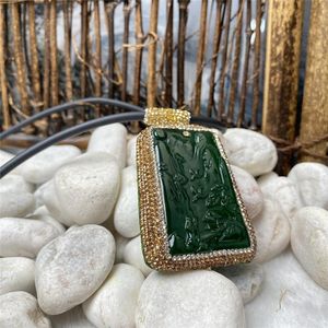 Pendant Necklaces 5pcs/batch Rectangular Green Dyed Jade Inlaid Rhinestone Carving Pattern Making Necklace Accessories Wholesale