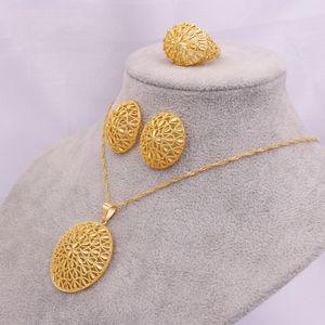 Hohlschmuck-Set, Anhänger, Kette + Ohrringe + Ring, 18 Karat, äthiopischer Arabien, indischer Dubai, afrikanische Dame, Mode, Hochzeit, Party, Geschenk