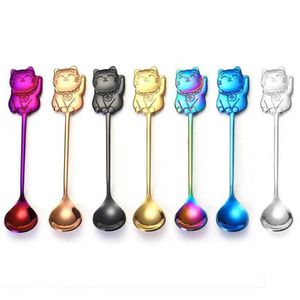 100pcs/lote Lucky Cat Coffee Sofra colher colorida de aço inoxidável colorido Pudding de chá de chá de chá de mesa de mesa de mesa de mesa