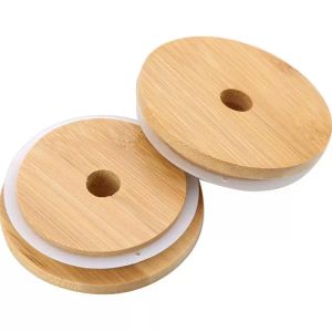 Amig￡vel mason drinkware tampa de bambu reutiliz￡vel Capswith palha e selo de silicone enlatando potes