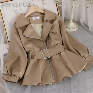 Fall Women Leather Short Jacket Turn-Down Collar Korean Style Fashion Faux Leather PU Coat with Belt Slim Outwear Full L220801