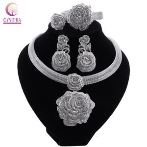 Dubai Women Silver Plated Jewelry Sets African Wedding Bridal Ornament Gifts For Saudi Arab Necklace Bracelet Earrings