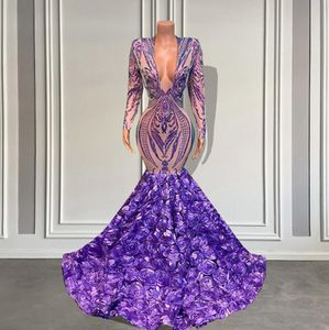 Lilac Lavender Long Sleeve evening dress V-neck Sparkly Sequined Black Girls Mermaid Style Lavender Long Prom Dresses 2022 With 3D Flowers