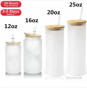 US Warehouse 12oz 16oz 20oz 25oz Sublimation Tumblers Blank Straight Frosted Clear Transparent Iced Coffee Glass Mugs Water Cups with Bamboo Lid And Straw