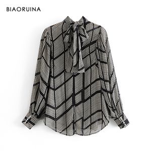 Biaoruina Polca Moman Dot Plaid Impresso camisa casual solta colar gole de gravata borboleta de mangas compridas elegante blusa de outono Spring top 210226