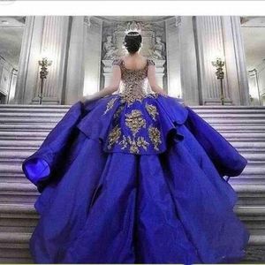 2022 Prinses Royal Blue Satin Quinceanera Dresses Gold Flowers Lace Appliques Kristallen Kralen Luxe Sweet 16 Jurk Ball Jurk Prom feestjurken Vestidos de 15 anos