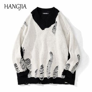 Black White Patchwork Pullovers Sweaters Washed Destroyed Ripped Sweater Men Harajuku Hole Knit Jumpers for Women Oversized 220812