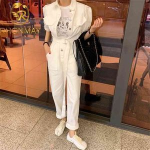 Sexig denim Jumpsuit Women Romper Långärmad bälte Pink/White Summer Jeans Jumpsuit Female Streetwear Overalls 210326