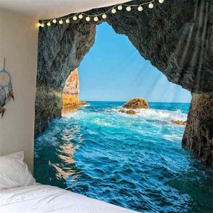 Islands Cave Ocean Tapestry Sea Sky Nature Landscape Beach Dorm Boho Decor Carpet Hippie Art Tapestry Wall Hanging Cloth Blanket J220804